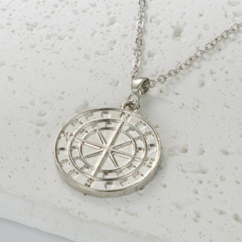 5/$25 Silver Color Compass Medallion Necklace